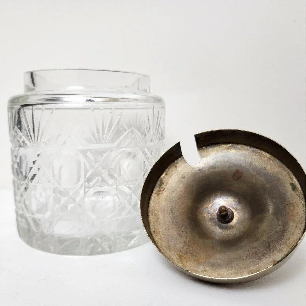Sugar Cube Crystal Cut Glass Jar EPNS w/Metal & Wood Pull Lid RARE Antique